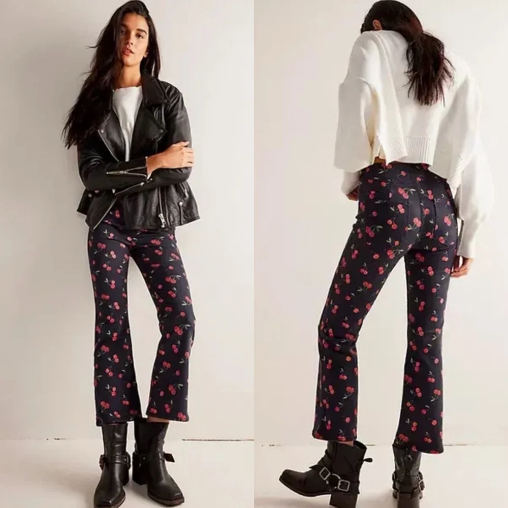 Free People / NWT Cherry Fruit Print Flare Crop Pants in Black